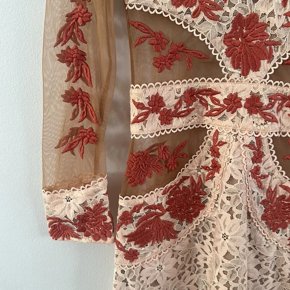 For Love And Lemons Long Sleeve Dress in Cream and Red - Picture 5 of 9